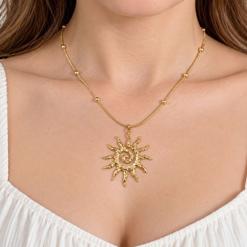 Gold Sun Pendant Necklace Stainless Steel Celestial Spiral Snake Chain 16-18in